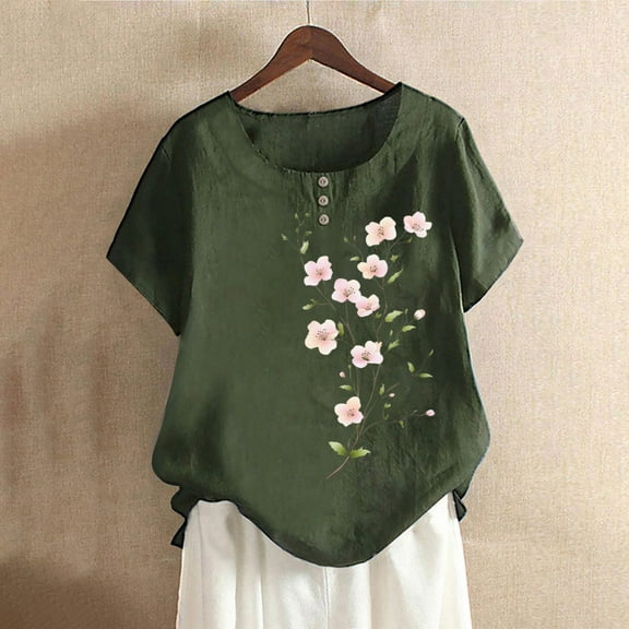 Sakmal Short Sleeve Tops for Women Floral Green Dolman Plus Size Button Down Blouses Going Out Tops
