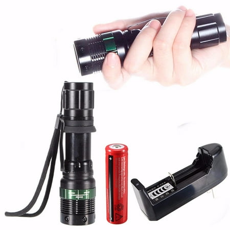 2000 Lumens T6 LED Zoom Flashlight Single-slot Battery Charger Torch Lamp Light Super Bright Pocket Size 3 Modes with 18650 Battery + AC Wall Charge