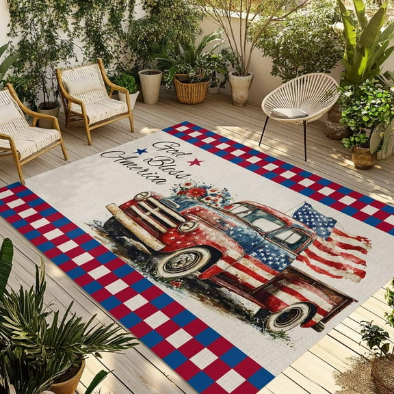 Fsddascl 4th of July Outdoor Rug for Patio/Deck/Porch, Non-Slip Large Area Rug 4 x 6 Ft, Independence Day Truck Red Blue Rustic Indoor Outdoor Rugs Washable Area Rugs, Reversible Camping Rug Carpet