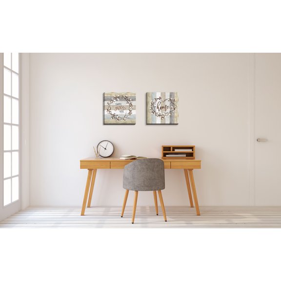 Gango Home Decor Contemporary Family Gathers Here Cotton Wreath & Home Cotton Wreath; Two 12x12in Hand-Stretched Canvases