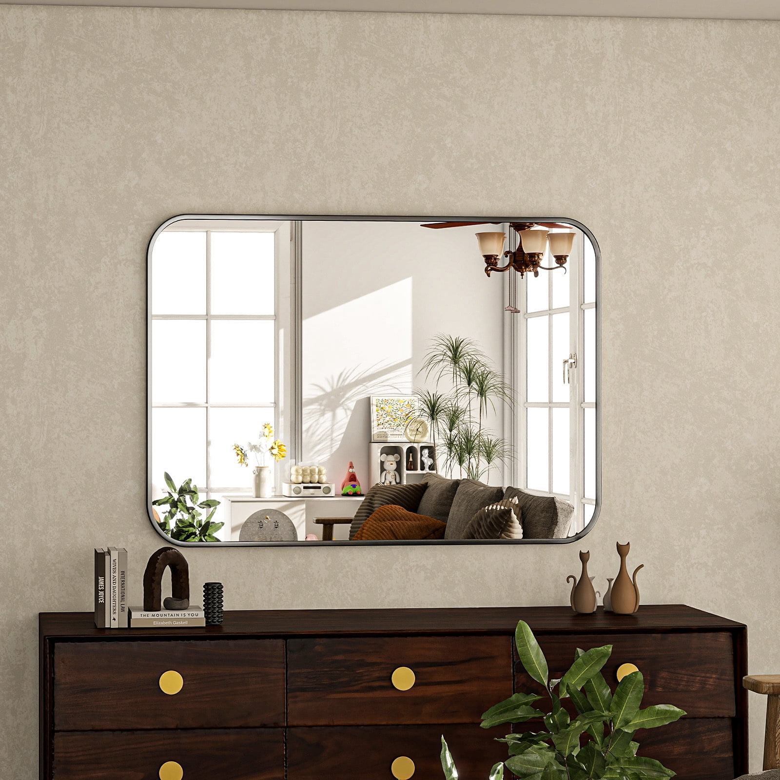 Lumora 38"x26" Rectangular Bathroom Mirror with Round Edge Wall Mounted Wall Mirror, Black