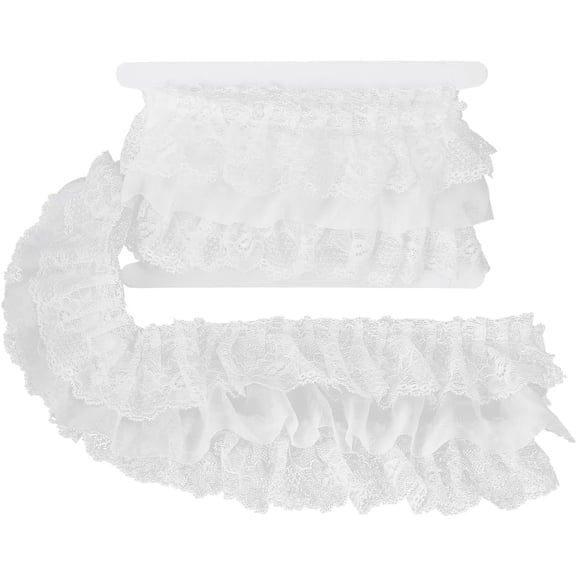 SUNNYCLUE 2 Yards 11cm Wide Ruffled Lace Ribbon 3-Layer Pleated Chiffon Lace Trim Floral Embroidered Gathered Edging Trimmings with 5.5cm Width Tulle Fabric for DIY Sewing Craft Dress Decor White