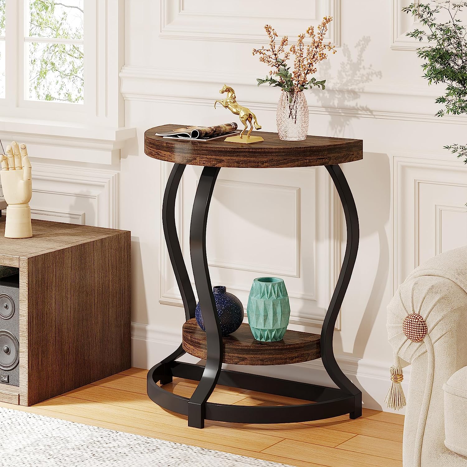 Tribesigns Half Round End Table, 2 Tier Half Moon Side Table Semi