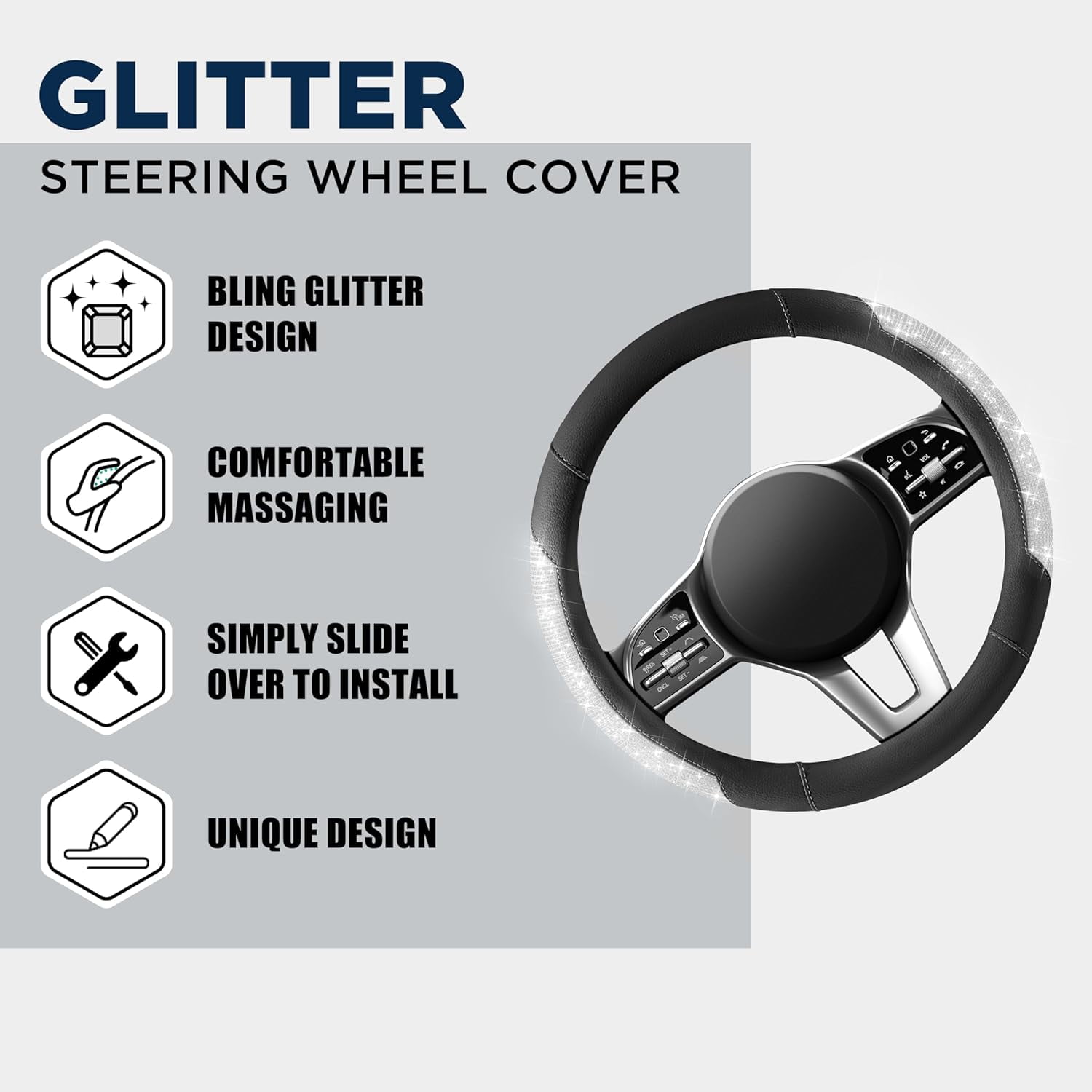 Steering Wheel Cover, Sparkly Crystal Bling Glitter with Black Leather, Universal Fit 14.5"-15.5" Car Steering Wheels for Girls & Women, Breathable Anti-Slip Steering Wheels Cover