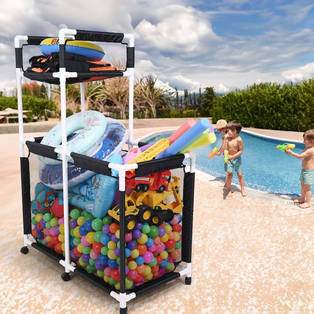 Yescom 47" Rolling Pool Toy Organizer – Extra-Large Mesh Storage Bin with Integrated Noodle Rack and Side Pockets for Floats, Balls, and Swim Accessories