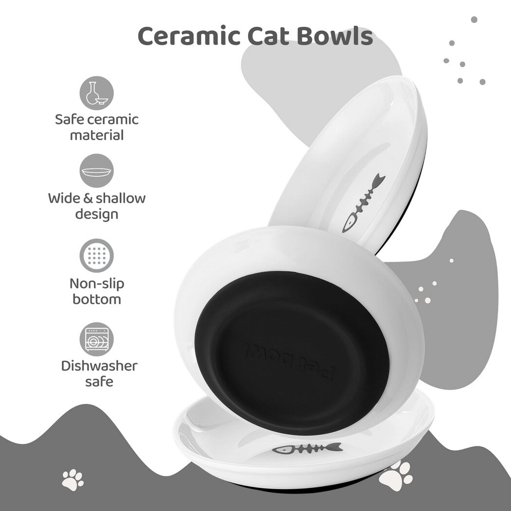 5.9'' Diameter Ceramic Cat Bowls, No Whisker Fatigue Wide Shallow Cat Dishes with Non-Slip Silicone Bottom, Food Water Plates Bowls for Pet Cat