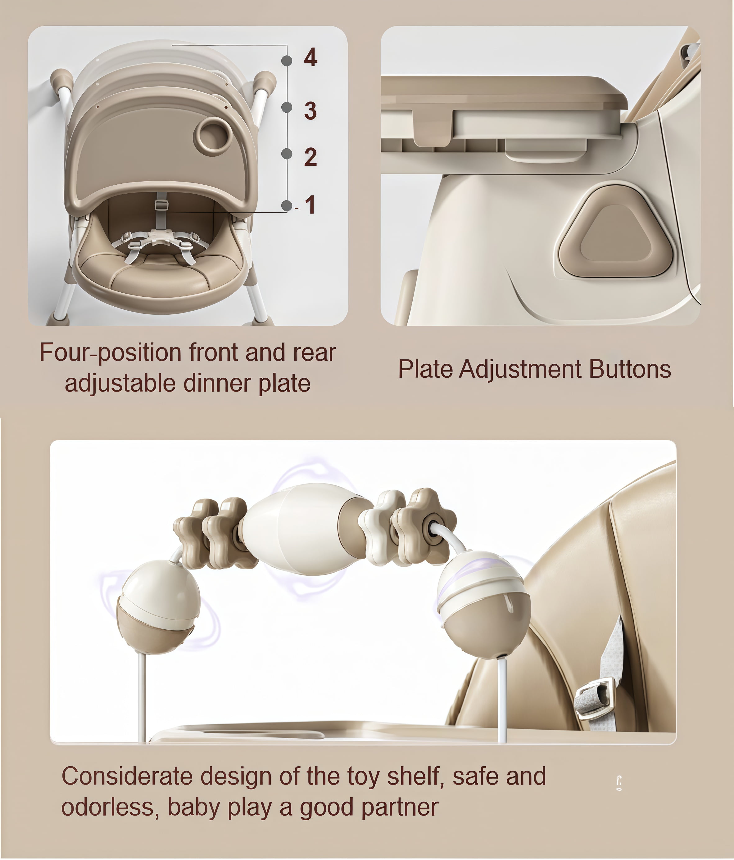 Baby High Chair & Rocking Chair & Baby scooter & Feeding Chair with Toy Rack for Babies and Toddlers,Convertible High Chair Seat,Khaki