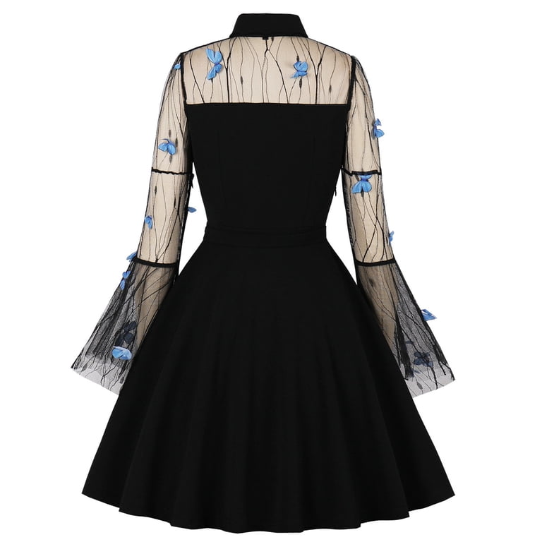 Ibtom Castle Women's Vintage 1950s Cocktail Party Prom Tea Dress Summer Long Bell Sleeve Retro flared A-line Swing Casual Dresses L Black - Butterfly