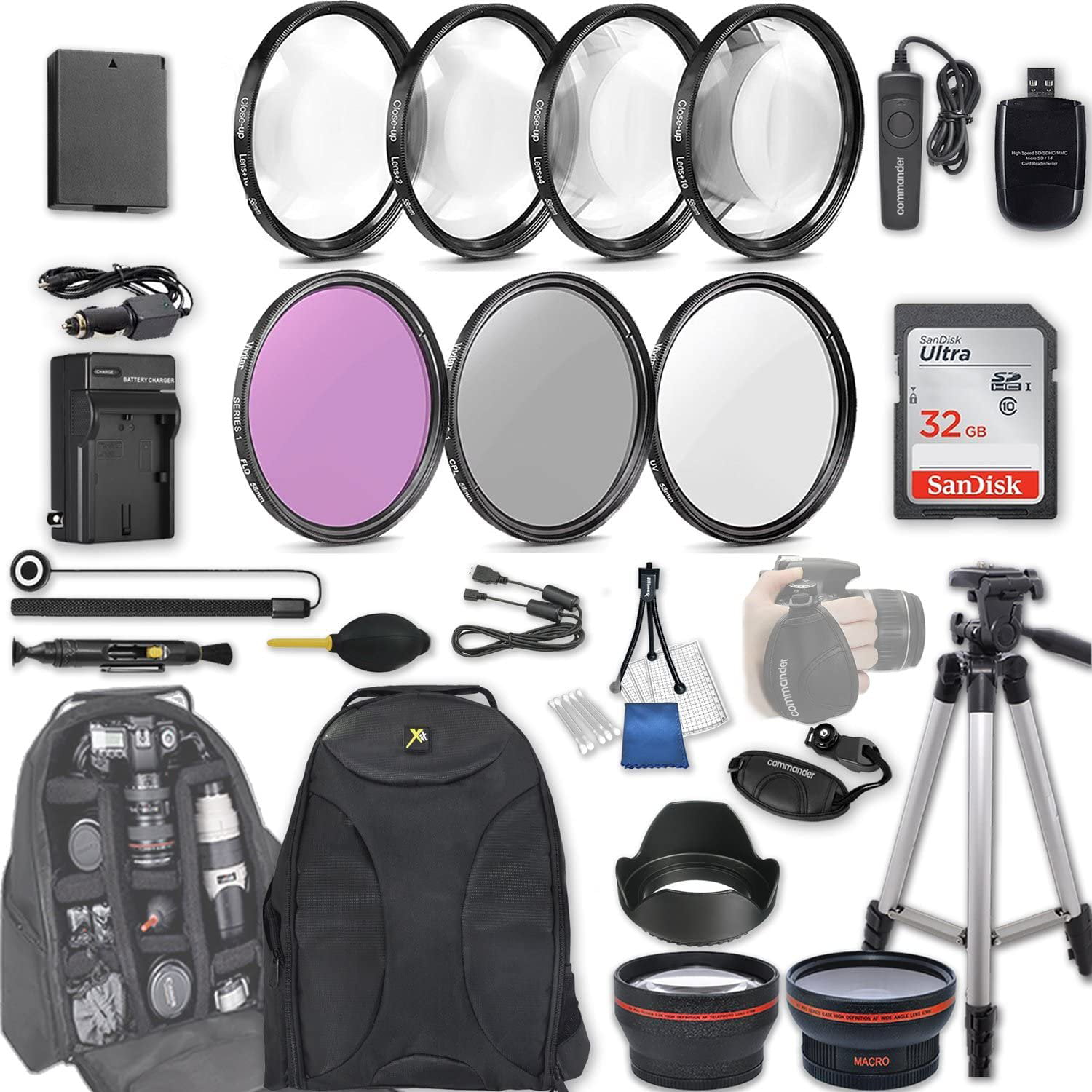 58mm 28 Pc Accessory Kit for Canon EOS Rebel T7, T6, T5, T3, 1300D, 1200D,  1100D DSLRs with 0.43x Wide Angle Lens, 2.2X Telephoto Lens, 32GB Sandisk  