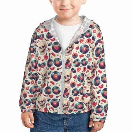 

Qekee Skull Guitar record lips Print UPF 50+ Kids Sun-Protective Hooded Long Sleeve Rash Guard for Fishing Water Beach Sports -3 Years