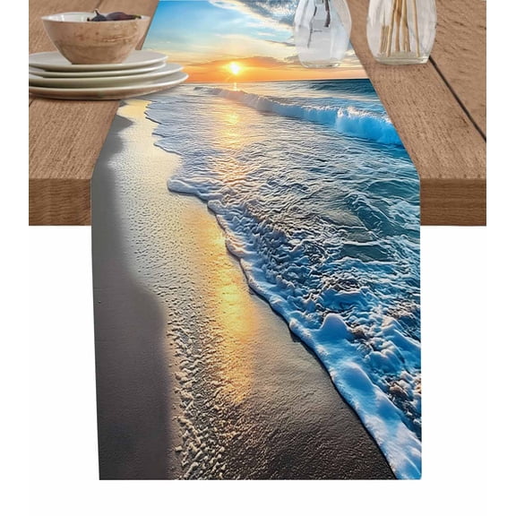 Sunset Beach Table Runner Spray Ocean Waves Sky Nature Scenery Tablerunners 13 x 108 Inch, Table Decorations Tabletop Scarf for Summer Gathering Holiday Farmhouse Kitchen Dining Decor