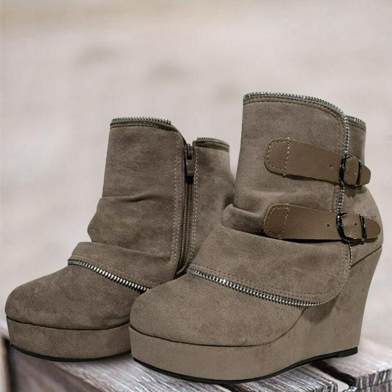 靴 CLANE EGDE ROUND SHORT BOOTS Chenyee Ankle Boots for Women Vintage Buckle Strap Suede Platform
