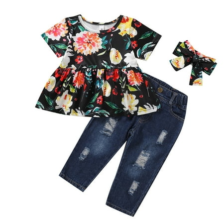 

Emmababy Toddler Baby Girls Clothes Ruffle Flare Tunic Dress Tops Ripped Jeans Summer Outfits