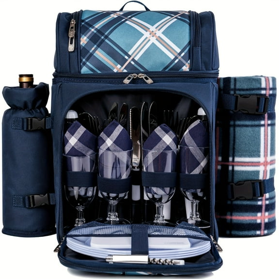 [3 Colors] ALLCAMP 4-Person Use Picnic Basket Backpack with Blanket with 2 Insulated Cooler Bags, Removable Bottle/Wine Racks, knitted Blanket, Plates And Cutlery, Exquisite Gift for