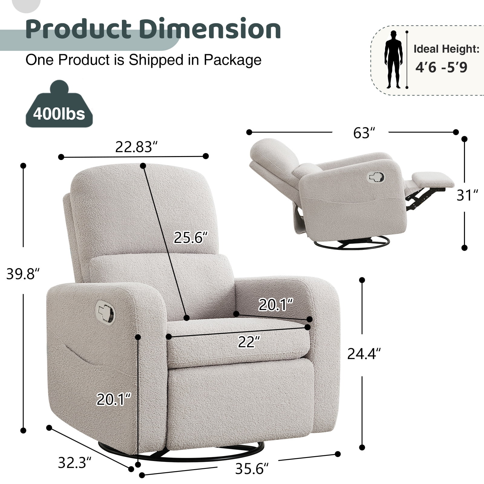 Aemeios Swivel Manual Recliner Chair Teddy Fabric Nursery Glider Rocker Recliner, Gray