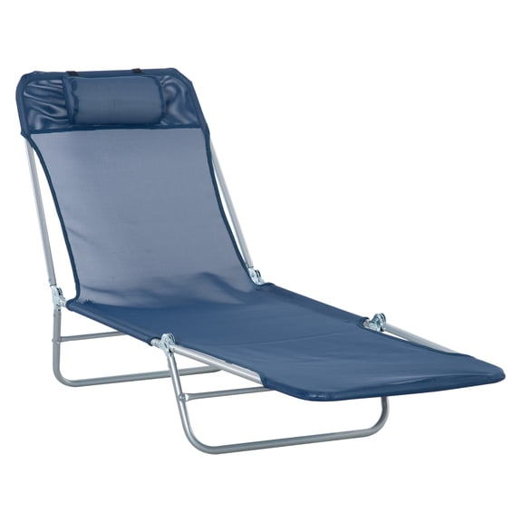 Folding Chaise Lounge Chair, Outdoor Sun Tanning Chair, Reclining Beach Chair with Headrest, Breathable Mesh, Portable Patio Lounger - Dark Blue