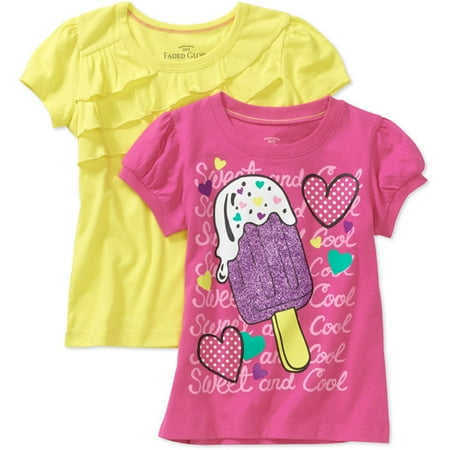 Faded Glory Little Girls' Graphic and Solid Tees, 2 Pack