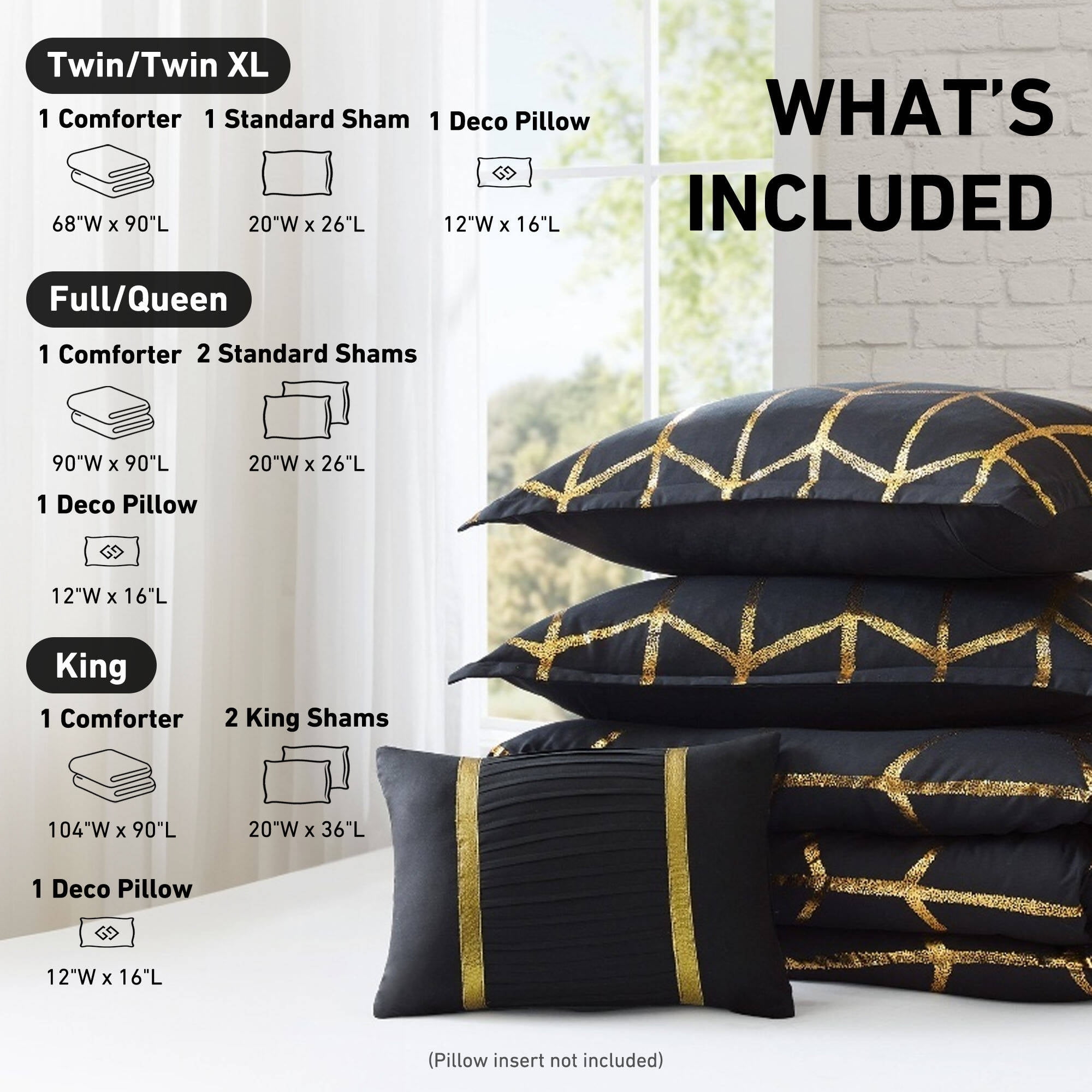 Regency Heights Twin/Twin XL Size Comforter Set, 3-Piece Bedding Set for All Seasons, Geometric Metallic Comforter Bed Set with Decor Pillows,Black/Gold