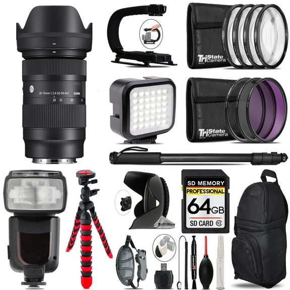 Sigma 28-70mm f/2.8 DG DN Contemporary Lens for Sony E-Mount   LED Flash  Bag - 64GB Accessory Bundle (International Version)