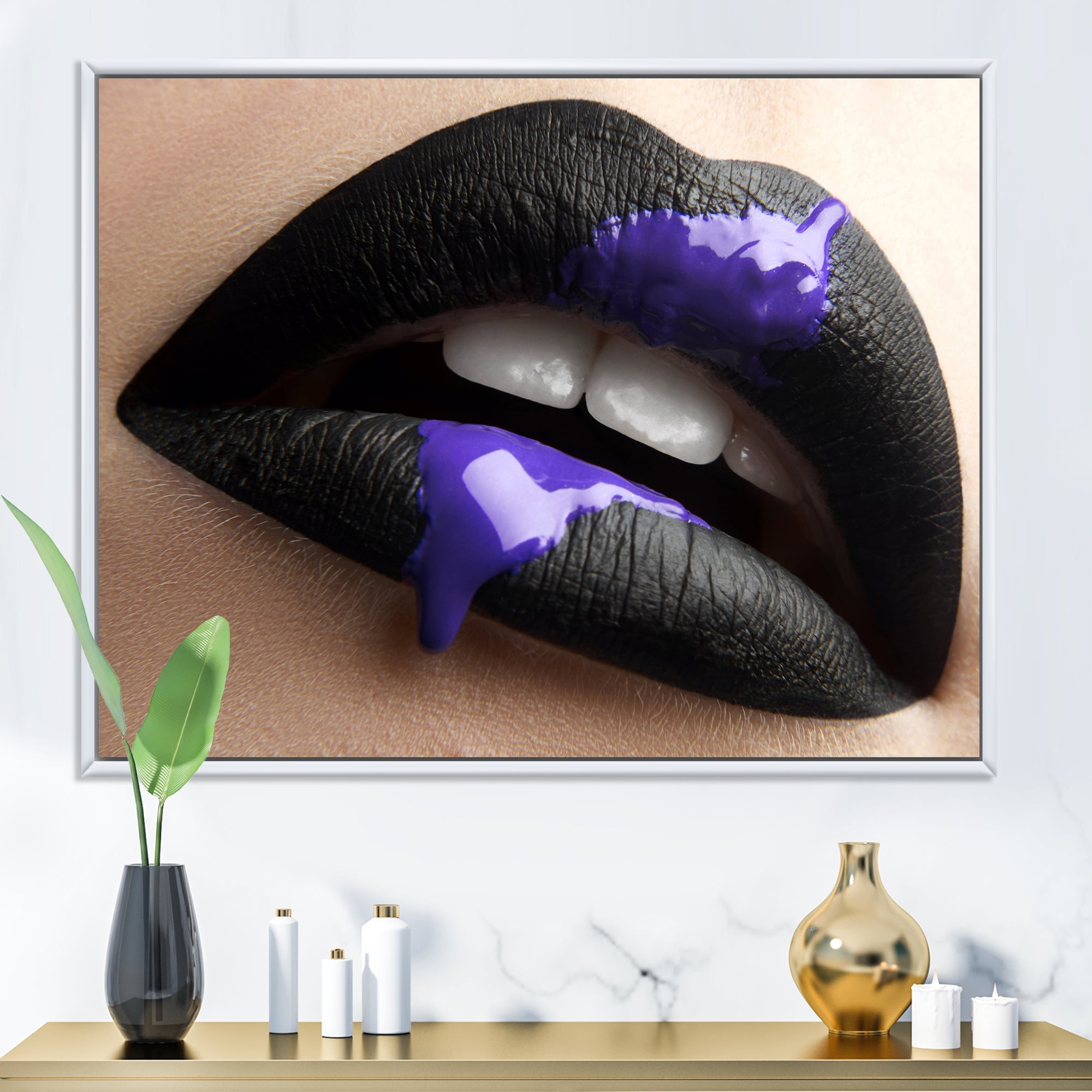 Designart 'Woman Lips With Black Lipstick & Purple Paint' Modern Framed Canvas Wall Art Print
