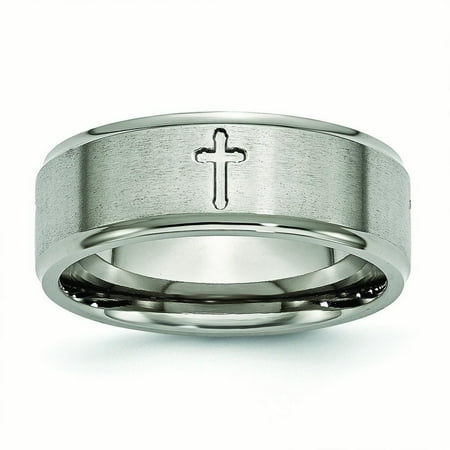 - Mens Titanium Ridged Edge Cross 8mm Brushed and Polished Wedding Band Ring Size 15