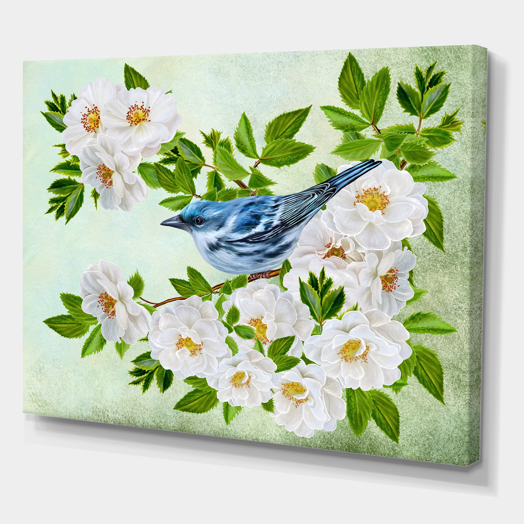 Designart ' Little Blue Bird Sitting On A Branch of White Rose Plant ' Traditional Canvas Wall Art Print