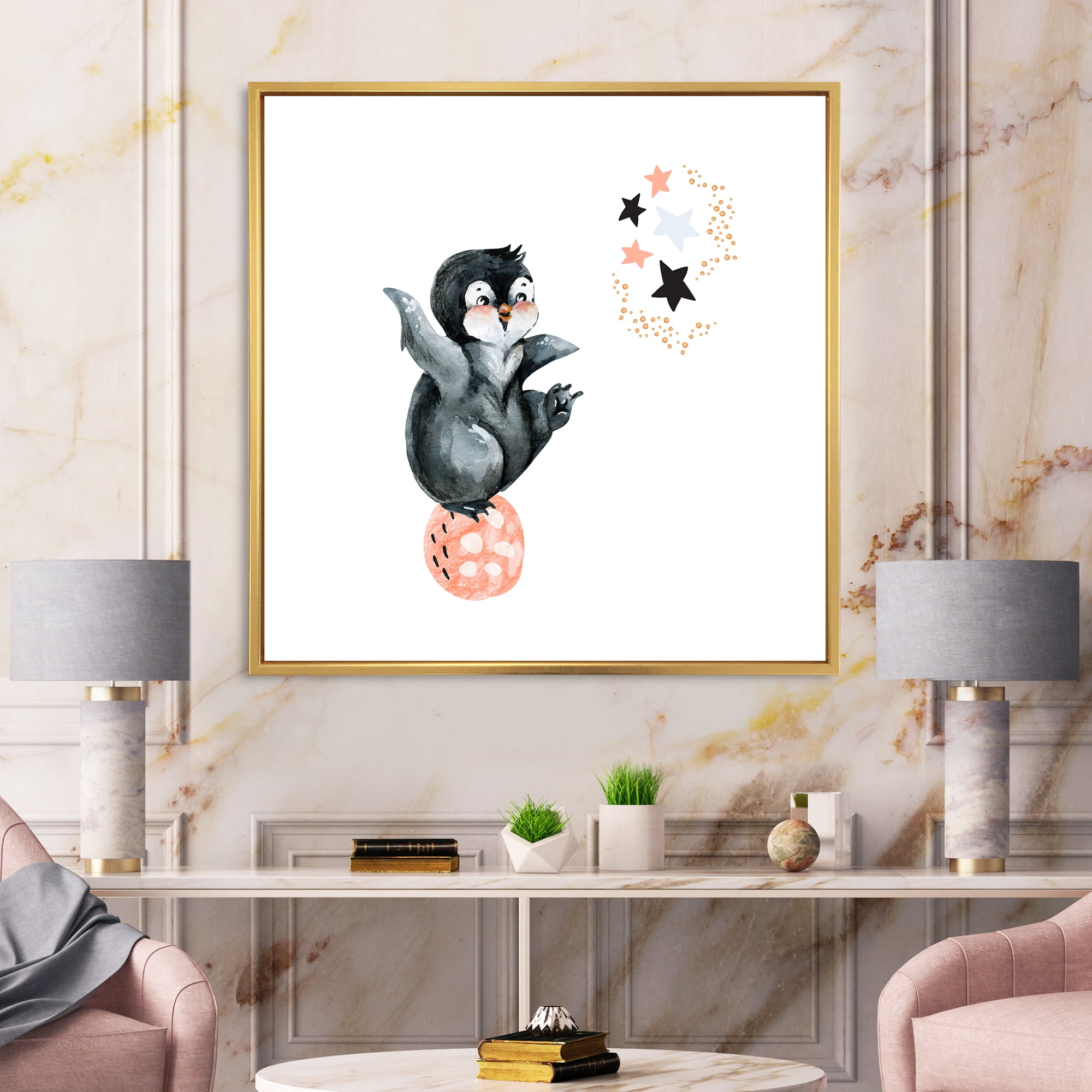 Designart 'Little Penguin With Planets and Stars II' Farmhouse Framed Canvas Wall Art Print
