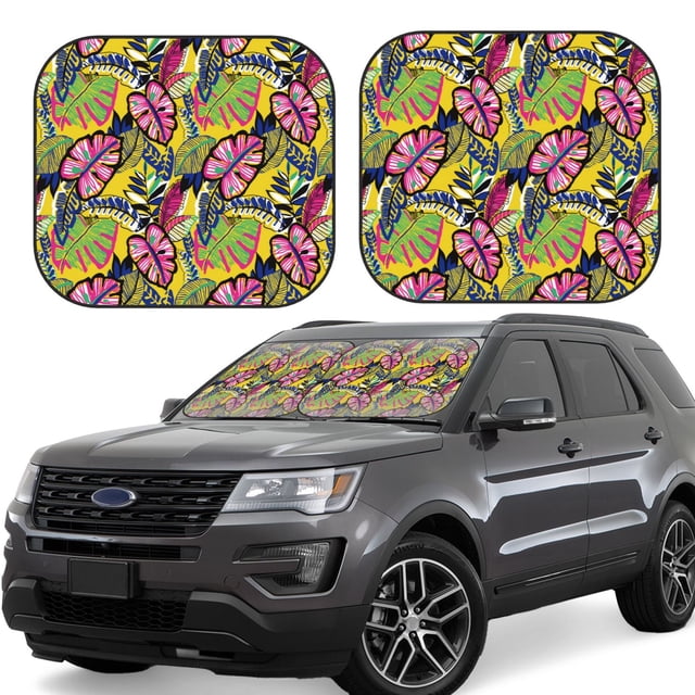 Balery Colrful Tropical Leaves Parasol para parabrisas de coche de 2 piezas | Parasol plegable para parabrisas delantero de coche para la mayoría de sedanes-Small
