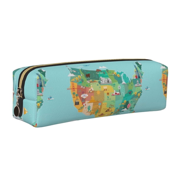 Easygdp USA Tourist Map para Estuche de Lápices de Cuero, Estuche de Papelería de Cuero, Estuche de Gran Capacidad con Cremallera