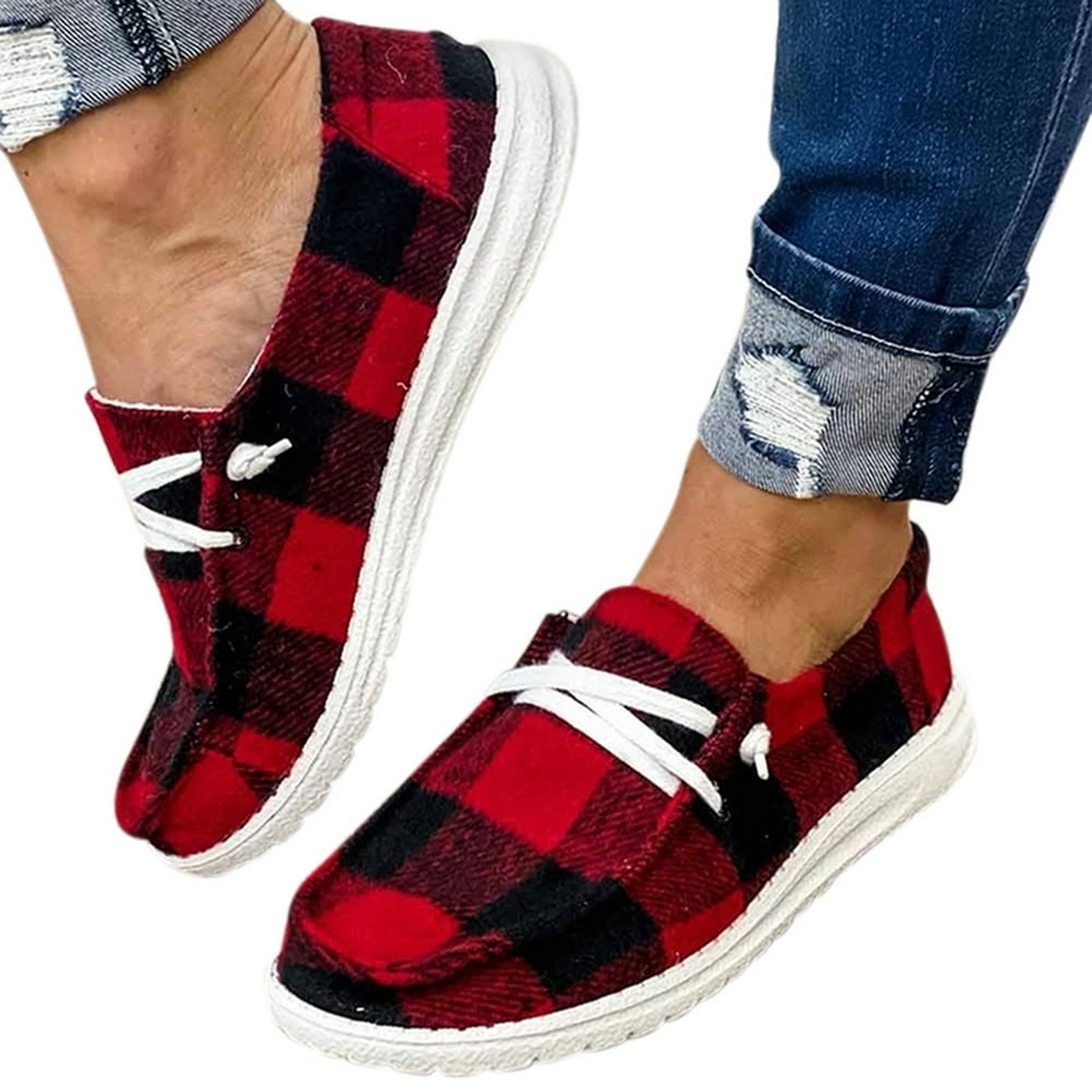 Generic Buffalo Plaid Slip On Shoes Flat Sole Lace Up Casual Canvas