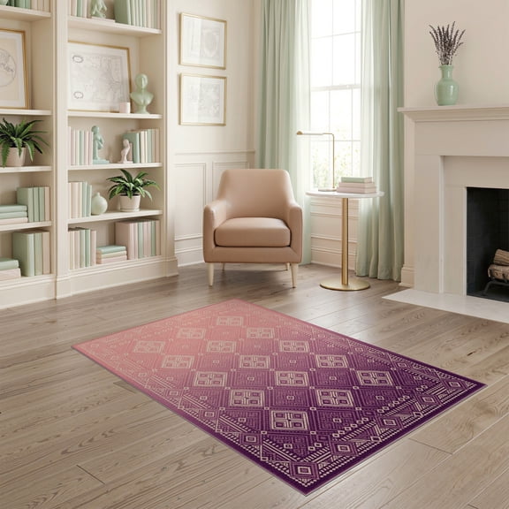 ODIKA Purple Symmetrical Interlocking Geometric Tonal Gradient Quilted for Playroom, Bedroom, Reading Nook, Pet Friendly & Kids Safe Play
