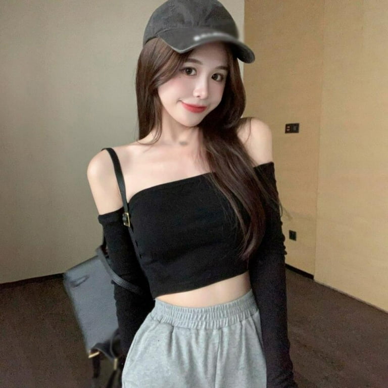 Spdoo Women Solid Ribbed Crop Top Off Shoulder Tank Top Sleeveless Tube Tops with Arm Warmers Girls Casual Sexy Streetwear Club Blouse One Size
