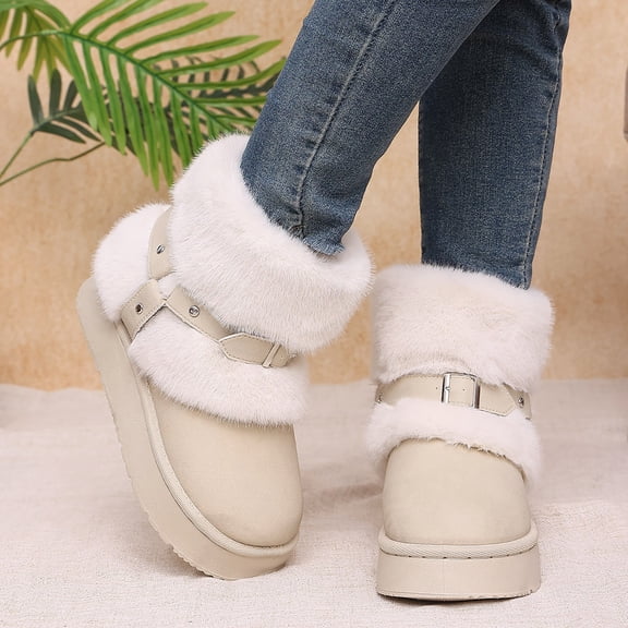 Womens Winter Snow Boots Thick Soled Extra Thick Warm Anti-Slip Fashion Fuzzy Shoes Beige 7