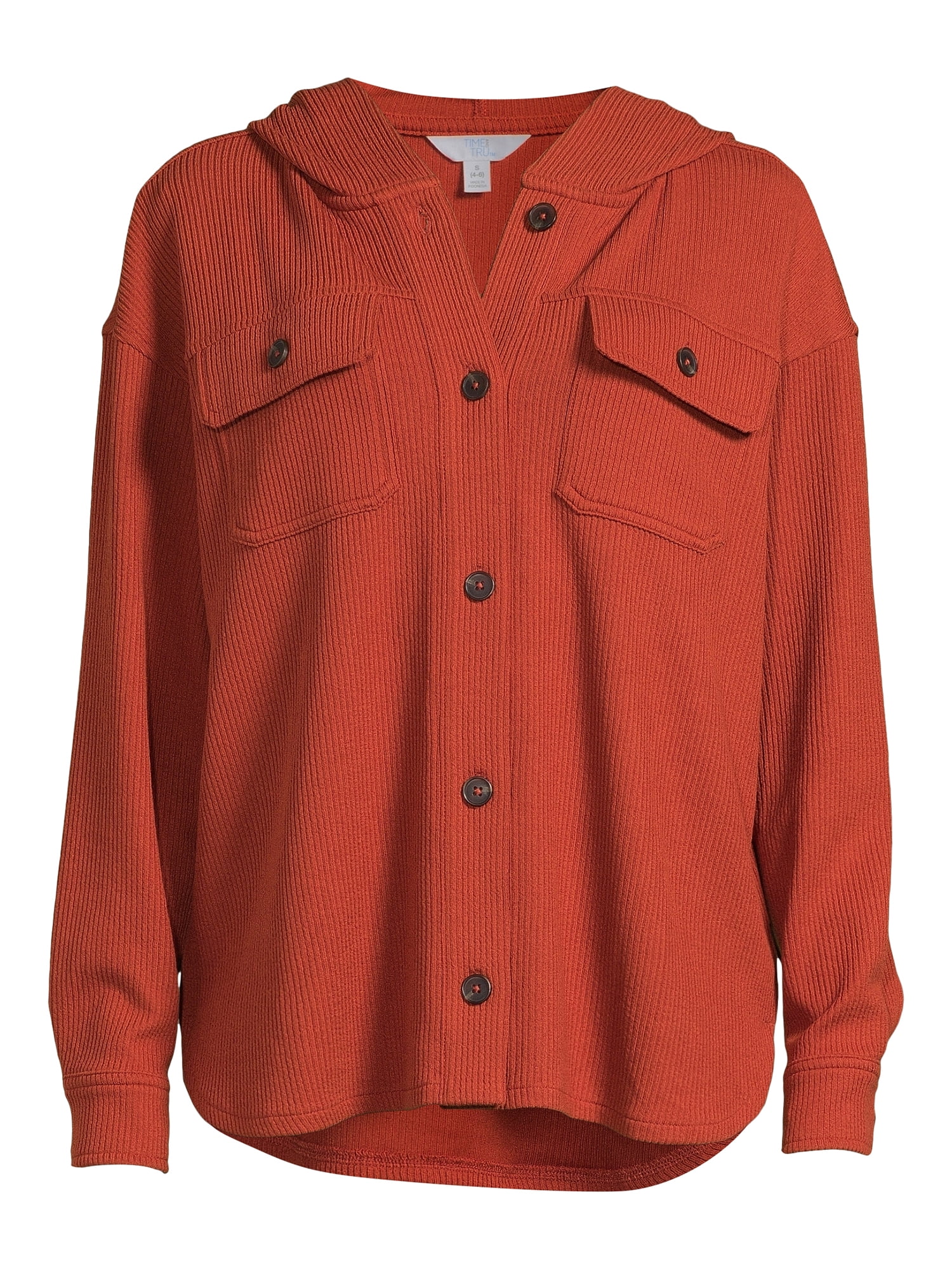Time and Tru Women's Ribbed Hooded Shacket, Sizes S-XXXL