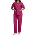 thumbnail image 1 of Womens Scrub Set With 10 Pockets Modern Fit Lightweight Stretch V-Neck Top And Cargo Pant Color Block Nursing Uniform Set Hot Pink, 1 of 8