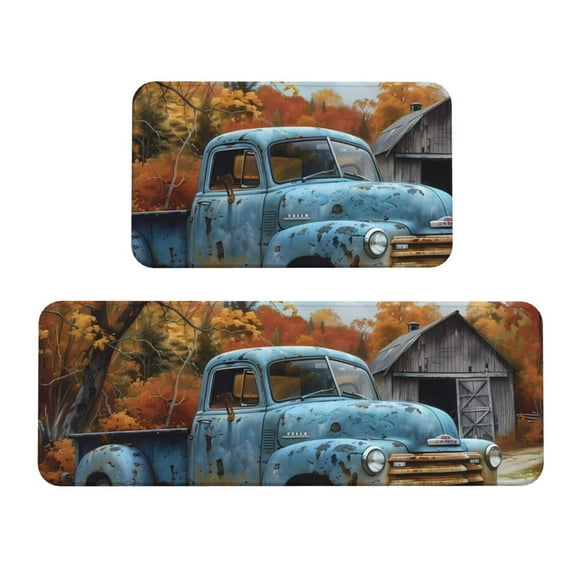 Logiee Rustic Vintage Truck Autumn Print Kitchen Mats for Floor Sets of 2,Waterproof Kitchen Rugs,Non Slip Comfort Standing Mat Rug for Home,Runner,Sink,Office,Laundry