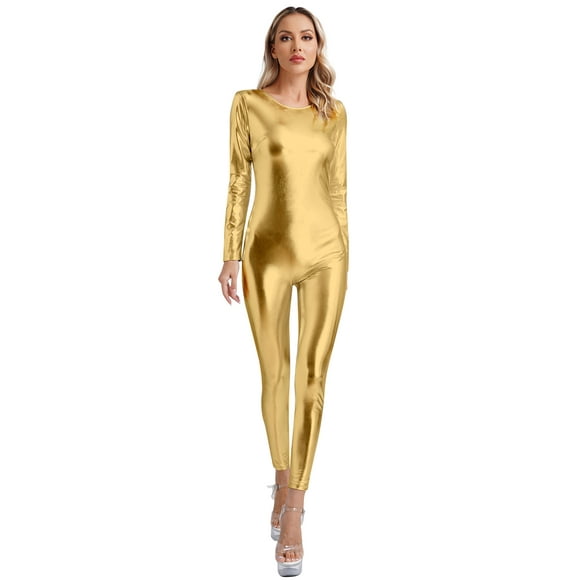 YONGHS Metallic Jumpsuit for Women Shiny Catsuit Scoop Neck Bodysuit Metallic One Piece Dancewear Gold M