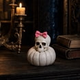thumbnail image 4 of Resin Skull White Pumpkin Figurine With Bow Hat Decor Freestanding Tabletop Statue For Halloween Indoor Party Shelf Mantel Seasonal Home Decor.A:1Pc(3.93*4.92 in), 4 of 4