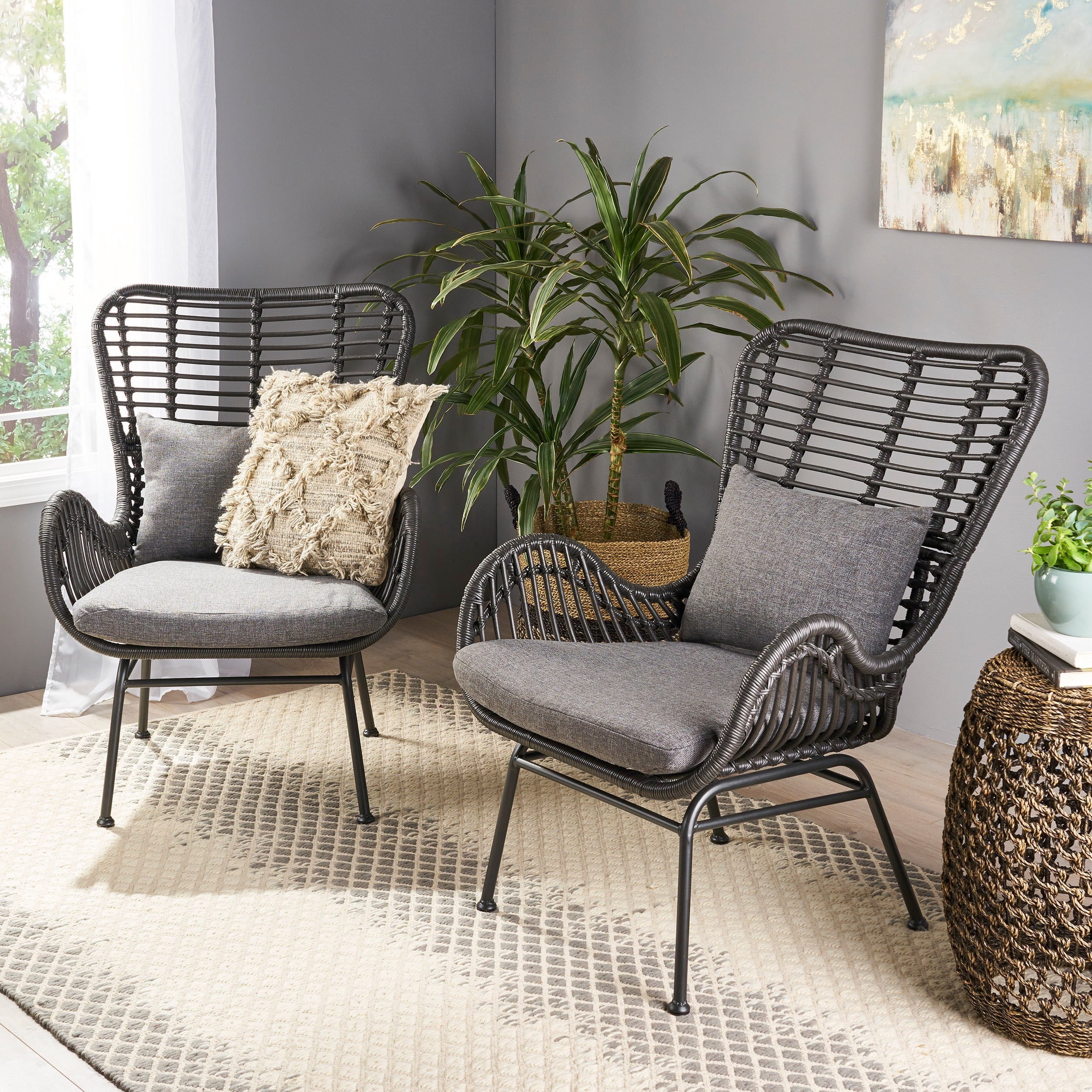 Euroco Set of 2 Modern Rattan Outdoor Chairs with Water-Resistant Cushions, Handwoven PE Wicker, and Steel Frame