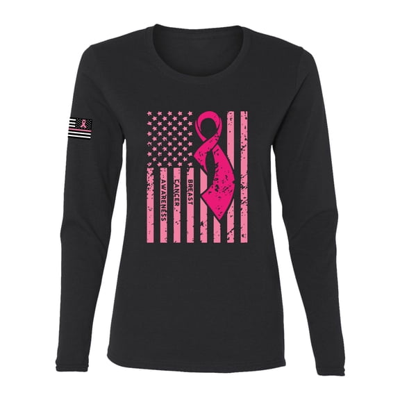 Wild Bobby American Flag USA Flag Sleeve Breast Cancer Awareness Women Long Sleeve Tee, Black, Small