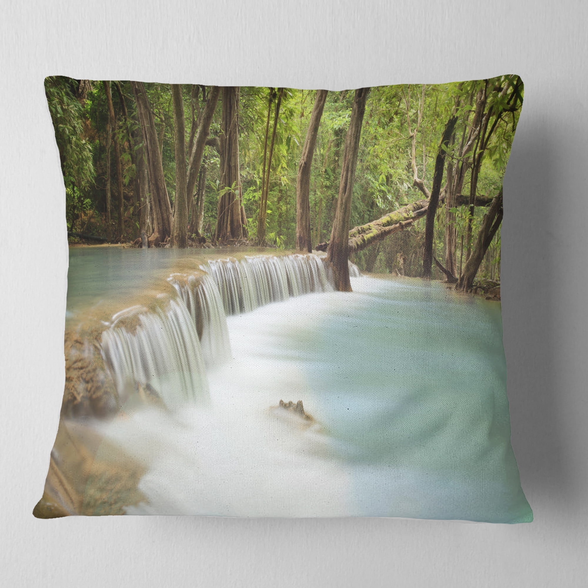 Designart Huai Mae Kamin Waterfall - Photography Throw Pillow - 16x16