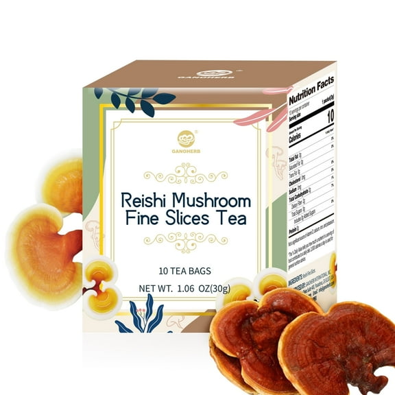 Reishi Mushroom Fine Slices Tea, 10 Bags, Adaptogen Ganoderma Lucidum Herbal Tea for Immune Health Boost, Stress Relief, Caffeine-Free, No Sugar, 1.06 OZ