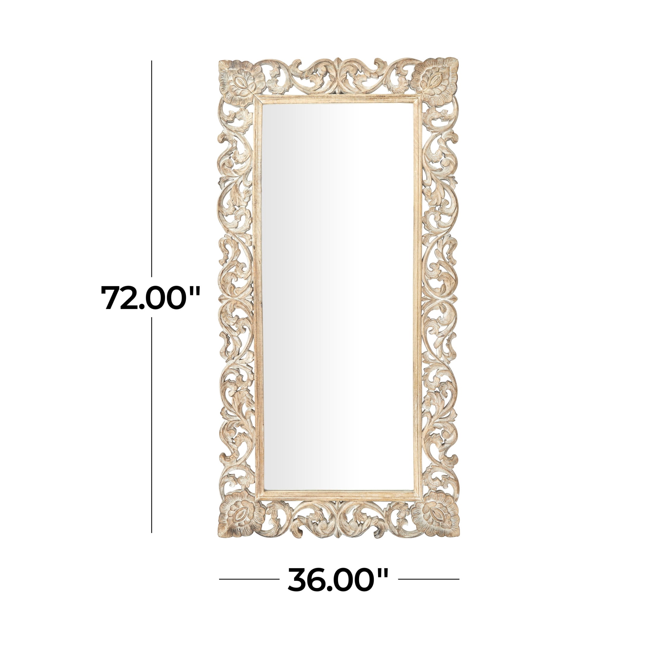 DecMode 36" x 72" Light Brown Washed Carved Scroll Wall Mirror