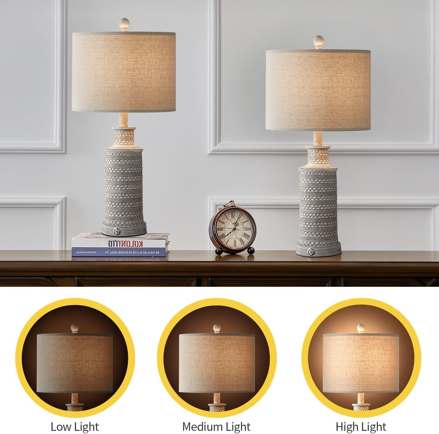 Oneach 3 Way Dimmable Table Lamp Set of 2 with USB Ports for Bedroom Living Room 24.5" Vintage Rustic Farmhouse Touch Control Nightstand Bedside Lamps Resin (Bulbs)