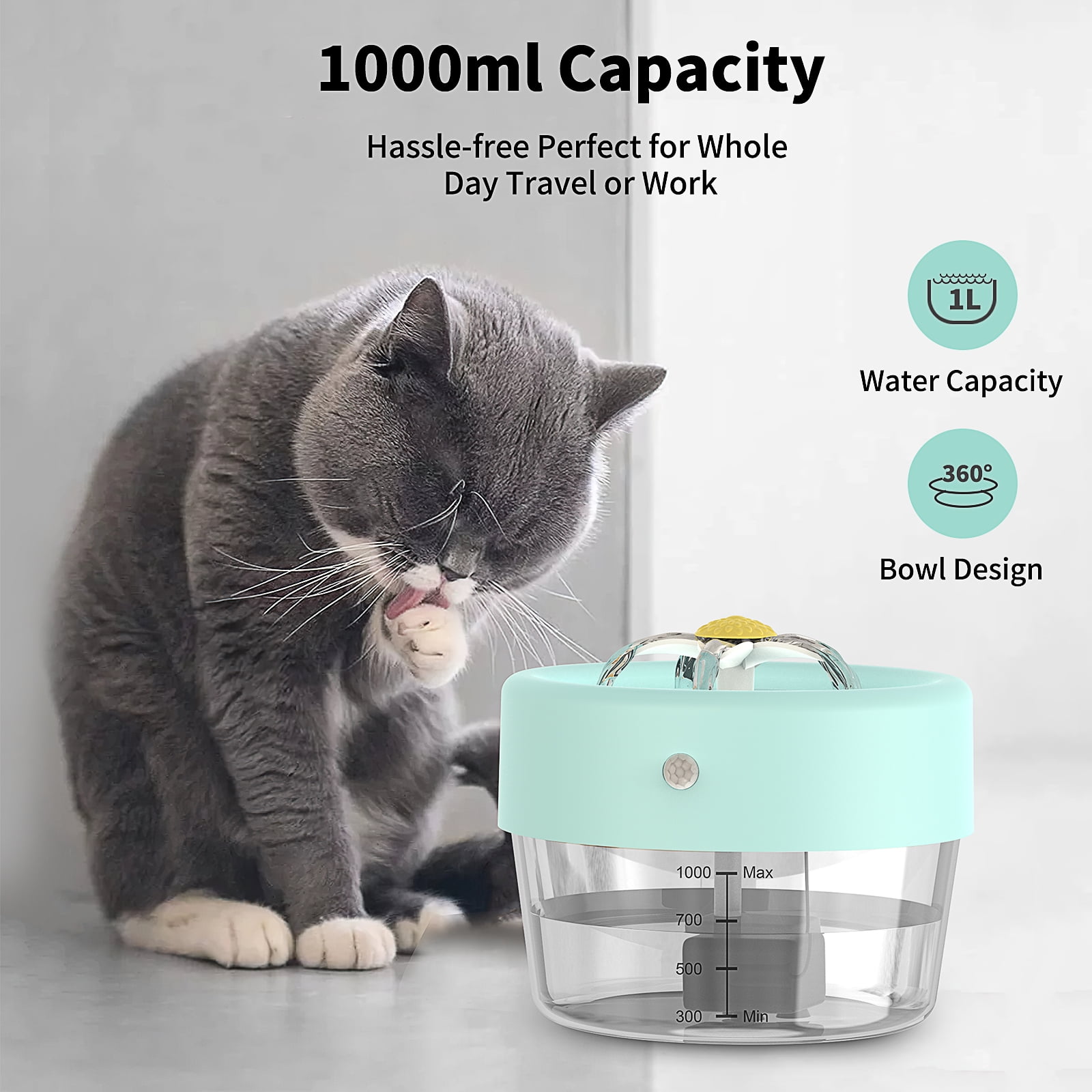 MASBRILL Cat Water Fountain, 1000mAh Battery Pet Water Fountain. Automatic Pet Drinking Fountain, Cat Fountain Blue 35 oz