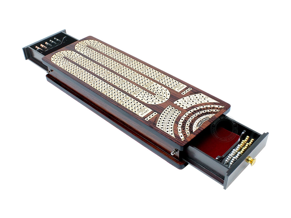 House of Cribbage - Continuous Cribbage Board / Box Inlaid Rosewood / Maple : 4 Track - Side Drawers with Score Marking Fields for Skunks, Corners and Won Games