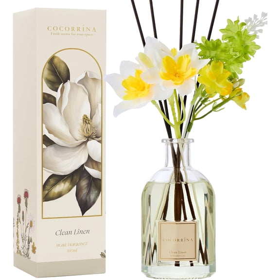 Reed Diffuser - Clean Linen 8.5 Fl.oz/ 250ml Flower Diffuser with 8 Sticks, Reed Diffusers for Home Bathroom Shelf Decor (Botanical Flower Collection)