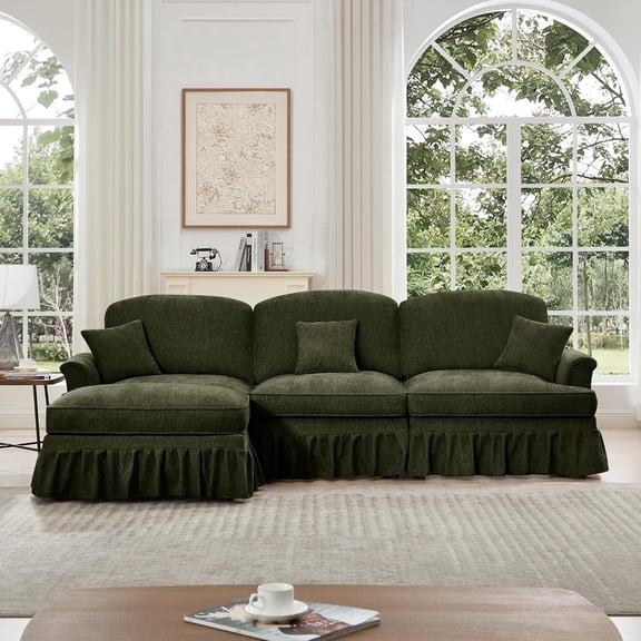 Modular L Shaped Sectional Couch with Ottoman, Chaise Lounge Sofa with Removable Ruffles Pleats Skirts, 3-Seat Deep Seat Sofa for Living Room, Green
