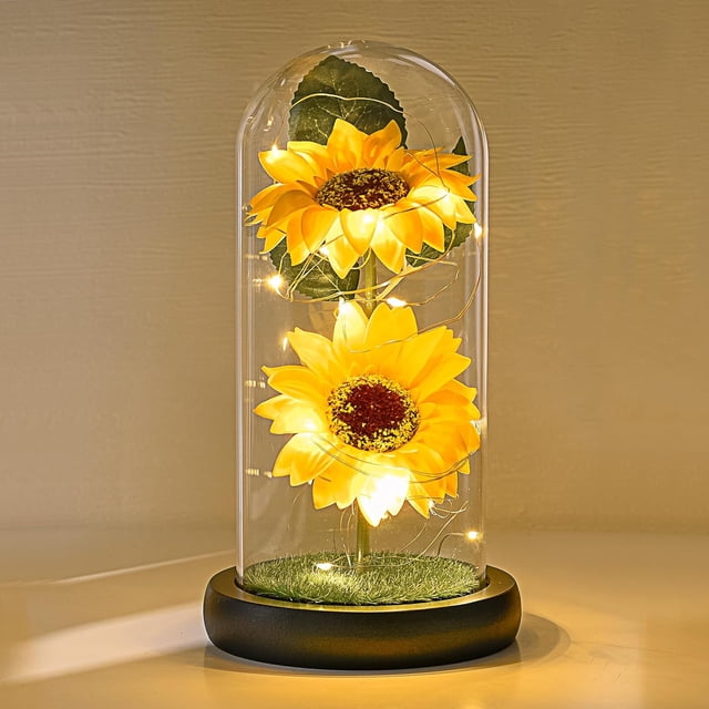 Regalos de girasol para mujer, flores artificiales de girasoles en cúpula de vidrio con tira LED, regalos de cumpleaños para mamá y abuela, decoración de girasol en el día de la madre