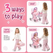 Dolls To Play Baby Doll Convertible Pram Stroller with Removable Bassinet Carrier, Adjustable Handle, Canopy & Storage Basket, Purple, 25 Inch